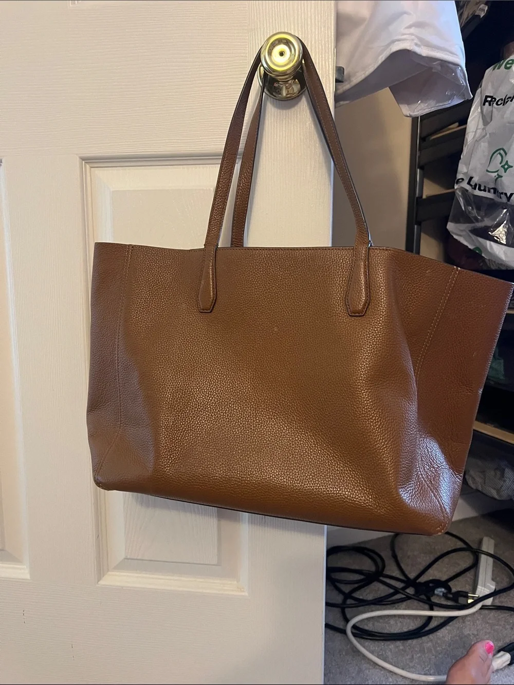 Tory Burch Chestnut Pebbled Leather Tote with Gold Logo